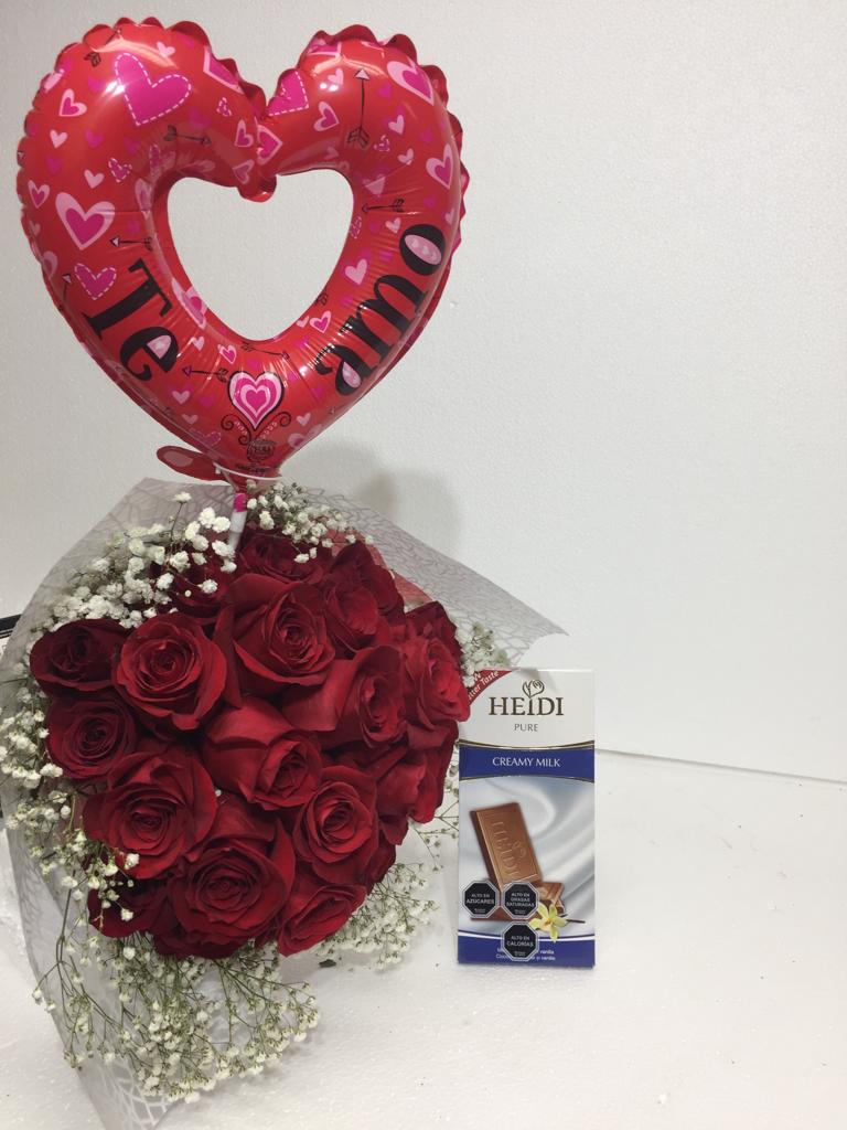  Ramo 12 Rosas, Tableta Chocolate 80 Grs y Globito